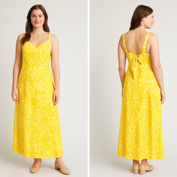 ModCloth Yellow Floral Maxi Dress Size 10‎ Sweetheart Neckline Back Bow - Picture 1 of 11